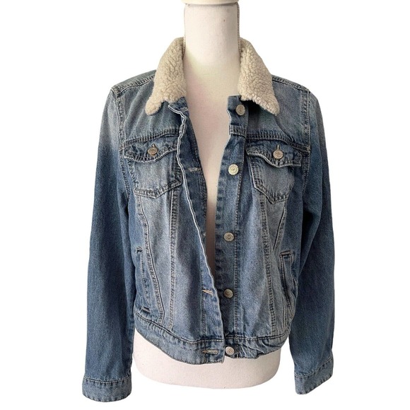 L.E.I Denim Button Front Sherpa Collar 90s Trucker Jacket Juniors Size XL - Picture 2 of 7